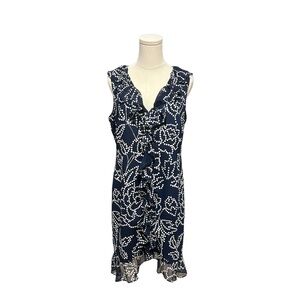 Karl Lagerfeld V Neck Sleeveless Floral Ruffle Dress Navy Size 6 Medium
